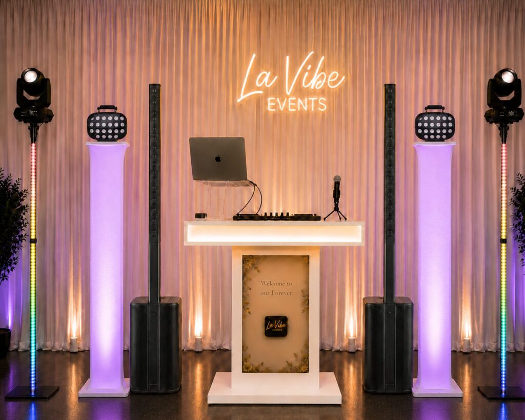 A DJ performing at an event with vibrant lights and a lively crowd, showcasing DJ MC services Jacksonville FL.